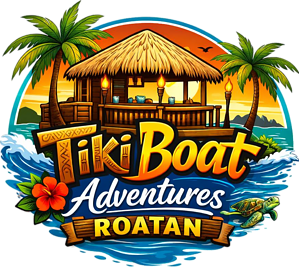 Colorful logo of Tiki Boat Adventures Roatan with tropical scenery and ocean waves.